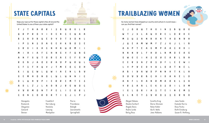 The KindKids Super Spectacular Star-Spangled Puzzle Book by Schiffer Publishing, Ltd. features word searches on State Capitals and Trailblazing Women, plus fun illustrations like the U.S. Capitol, balloons, and a woman with a telescope.