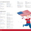 The KindKids Super Spectacular Star-Spangled Puzzle Book by Schiffer Publishing, Ltd. offers a solutions page with blue and red text on white, plus a child in a star shirt running with an American flag amid scattered stars.