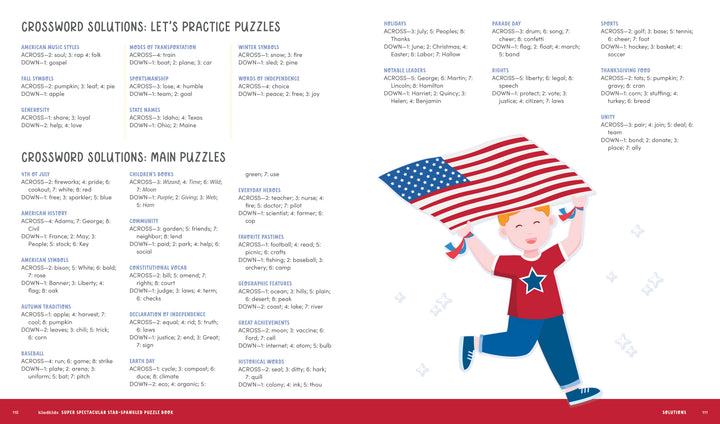 The KindKids Super Spectacular Star-Spangled Puzzle Book by Schiffer Publishing, Ltd. offers a solutions page with blue and red text on white, plus a child in a star shirt running with an American flag amid scattered stars.