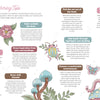 A two-page spread in Schiffer Publishing, Ltd.’s Wild & Whimsical Woodland Coloring Book features coloring tips within text boxes, framed by pastel illustrations of flowers, mushrooms, leaves, butterflies, a bee, and woodland creatures.