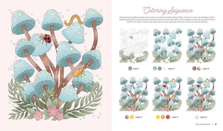 The Wild & Whimsical Woodland Coloring Book by Schiffer Publishing, Ltd. features a coloring guide with blue mushrooms, a yellow snake, pink flowers, and more. Step-by-step images show how to add color and shading in five numbered layers.
