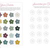 A spread from the Wild & Whimsical Woodland Coloring Book by Schiffer Publishing, Ltd. features a “Pick Your Palette” page with 5 named palettes (each with 5 colored flower swatches) and a “Swatches for Color Testing” page with 25 blank flower outlines.