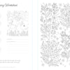 The Wild & Whimsical Woodland Coloring Book by Schiffer Publishing, Ltd. features blank flower swatches, a sketch of two wolves in a forest, and detailed nature patterns with flowers and foliage for coloring.