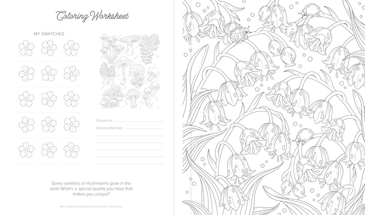 The Wild & Whimsical Woodland Coloring Book by Schiffer Publishing, Ltd. features black-and-white mushroom-themed pages with flower swatches, a materials list section, a mushroom quote, and woodland creatures among mushrooms and leafy plants.