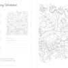 The Wild & Whimsical Woodland Coloring Book by Schiffer Publishing, Ltd. includes a worksheet for flower color swatches and notes, plus a detailed forest scene with a deer among flowers, foliage, and nature patterns.