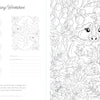 The Wild & Whimsical Woodland Coloring Book by Schiffer Publishing, Ltd. has a black and white worksheet with a raccoon, woodland animals, flowers, berries, color swatches, a rabbit illustration, and space to write who colored it.