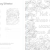 This two-page worksheet, inspired by Schiffer Publishing, Ltd.’s Wild & Whimsical Woodland Coloring Book, features flower swatches and a forest question on the left, and intricate mushroom, plant, and woodland creature designs with a wanderer’s quote on the right.