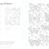 The Wild & Whimsical Woodland Coloring Book by Schiffer Publishing, Ltd. features a worksheet with swatch boxes, room for your name, and a partial butterfly on the left, plus detailed butterflies and flowers to color in a forest-inspired style on the right.