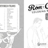 The cover of The Unofficial Rom-Com Coloring Book by Schiffer Publishing, Ltd. shows a sketched couple—one holding a small box—with 30 romance film coloring pages listed on the left and the brand name at the bottom.