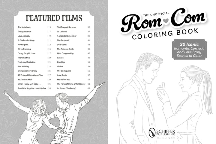 The cover of The Unofficial Rom-Com Coloring Book by Schiffer Publishing, Ltd. shows a sketched couple—one holding a small box—with 30 romance film coloring pages listed on the left and the brand name at the bottom.