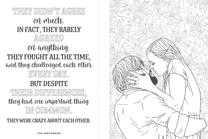 A black-and-white illustration of a couple embracing, paired with a quote from The Notebook—ideal for fans of romantic movie coloring books. From The Unofficial Rom-Com Coloring Book by Schiffer Publishing, Ltd.