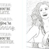 A black and white page from The Unofficial Rom-Com Coloring Book by Schiffer Publishing, Ltd. features a Pretty Woman quote and a smiling woman with wavy hair leaning out of a car window.