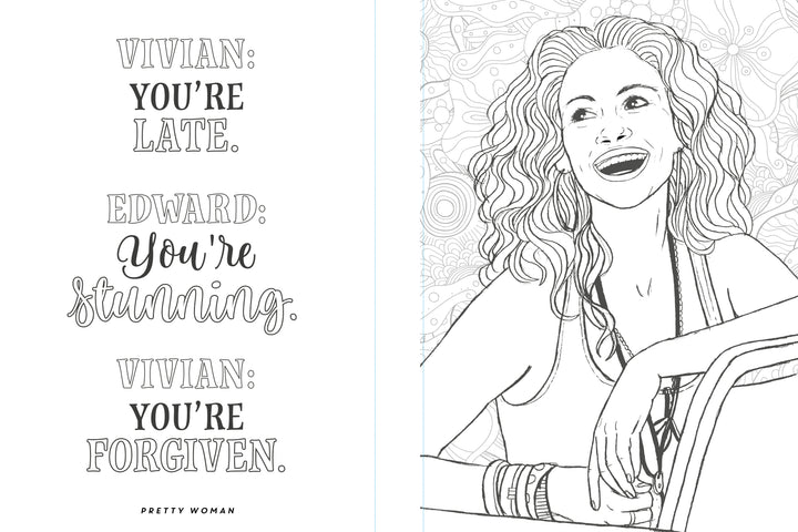 A black and white page from The Unofficial Rom-Com Coloring Book by Schiffer Publishing, Ltd. features a Pretty Woman quote and a smiling woman with wavy hair leaning out of a car window.