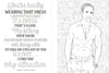 A page from The Unofficial Rom-Com Coloring Book by Schiffer Publishing, Ltd. shows a shirtless, smiling man with a necklace and hands in his pockets beside a Crazy, Stupid, Love quote on a charming floral background.