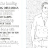 A page from The Unofficial Rom-Com Coloring Book by Schiffer Publishing, Ltd. shows a shirtless, smiling man with a necklace and hands in his pockets beside a Crazy, Stupid, Love quote on a charming floral background.