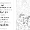 Black and white illustration from The Unofficial Rom-Com Coloring Book by Schiffer Publishing, Ltd.—features a Bridget Jones’s Diary quote and three people standing before a floral pattern; perfect for rom-com coloring book fans.