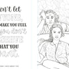 Hand-drawn woman on a couch with a man, floral backdrop. Styled like "The Unofficial Rom-Com Coloring Book" by Schiffer Publishing, Ltd., it includes: “Don’t let anyone, ever, make you feel like you don’t deserve what you want.”.