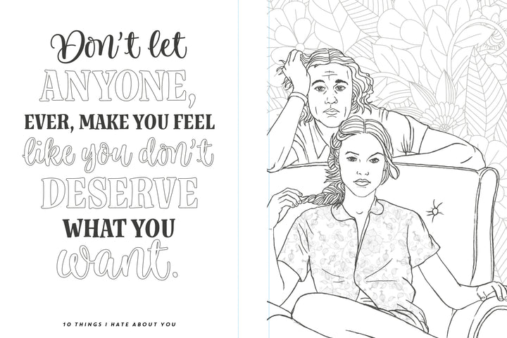 Hand-drawn woman on a couch with a man, floral backdrop. Styled like "The Unofficial Rom-Com Coloring Book" by Schiffer Publishing, Ltd., it includes: “Don’t let anyone, ever, make you feel like you don’t deserve what you want.”.