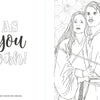 Two Princess Bride characters stand close, looking concerned—one with a sword, large flowers behind them. "As you wish!" appears in playful script. From The Unofficial Rom-Com Coloring Book by Schiffer Publishing, Ltd.