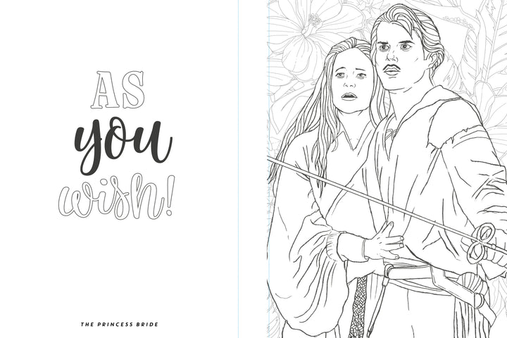 Two Princess Bride characters stand close, looking concerned—one with a sword, large flowers behind them. "As you wish!" appears in playful script. From The Unofficial Rom-Com Coloring Book by Schiffer Publishing, Ltd.