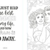 Black and white illustration of a couple embracing with the text: I've just had the best summer of my life, and now I have to go away. Framed by a floral border from The Unofficial Rom-Com Coloring Book by Schiffer Publishing, Ltd.
