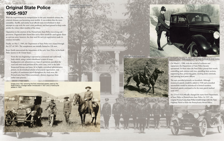 On Patrol by Schiffer Publishing, Ltd. is a collage of vintage photos (1905–1937) of early state police—troopers with cars, horses, a motorcycle, and groups in uniform—overlaid with historical text on law enforcement development.