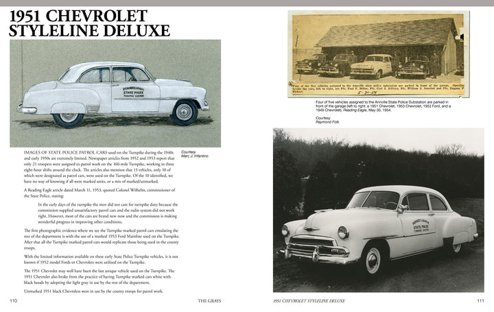 A black-and-white vintage Chevrolet sedan, the “Dacono State Police Patrol Car,” is parked outdoors; inset: an old newspaper photo of a garage with patrol cars and men in Pennsylvania State Police uniforms. From On Patrol by Schiffer Publishing, Ltd.