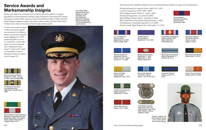 A man in dress military uniform smiles at the camera. The page from "On Patrol" by Schiffer Publishing, Ltd. displays U.S. military awards and insignia, plus a photo of another soldier wearing a campaign hat like those used by State Police.