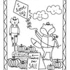 A charming fox from Pumpkin Patch Pals by Schiffer Publishing, Ltd. holds a kite emblazoned with “I love fall,” standing amidst pumpkins for sale. The scene features a cheerful scarecrow, smiling clouds, bales of hay, and a diamond-patterned border—ideal for any autumn-themed coloring book or seasonal art project.