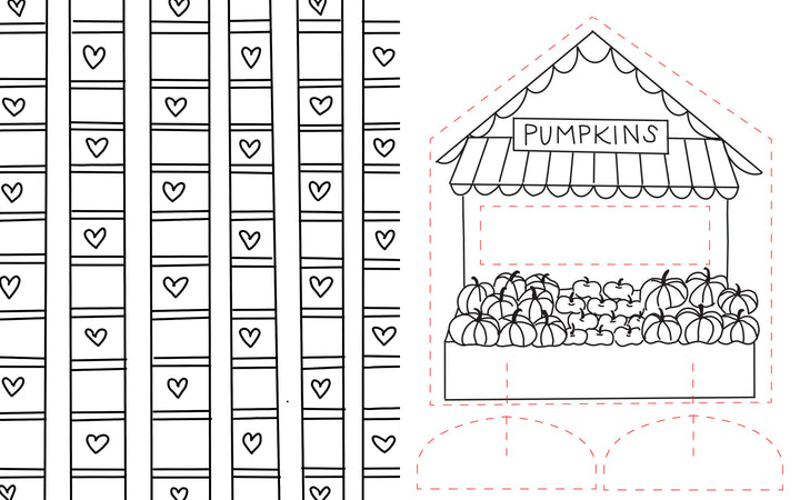 Pumpkin Patch Pals by Schiffer Publishing, Ltd. features a charming black and white pumpkin stand coloring page, with hearts in rectangles as the background pattern. The stand showcases pumpkins beneath a scalloped roof with a "PUMPKINS" sign, and dashed lines outline cut-out pieces—making it perfect for paper crafts or as part of your fall-themed coloring book collection.