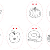 Six outlined autumn-themed drawings in oval frames from *Pumpkin Patch Pals* by Schiffer Publishing, Ltd. feature charming fall-inspired art: a maple leaf labeled "hello fall," a plain pumpkin, a decorated pumpkin, a smiling mushroom, a smiling apple, and a group of pumpkins with apples and cinnamon. These illustrations are perfect for any fall-themed coloring book or paper craft coloring book project.