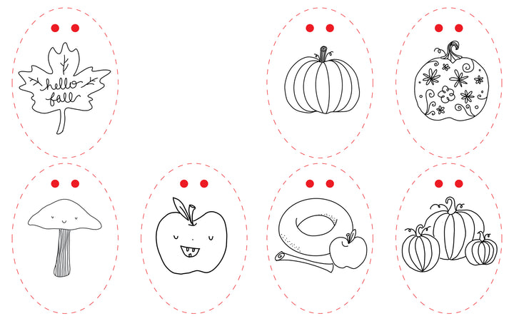 Six outlined autumn-themed drawings in oval frames from *Pumpkin Patch Pals* by Schiffer Publishing, Ltd. feature charming fall-inspired art: a maple leaf labeled "hello fall," a plain pumpkin, a decorated pumpkin, a smiling mushroom, a smiling apple, and a group of pumpkins with apples and cinnamon. These illustrations are perfect for any fall-themed coloring book or paper craft coloring book project.