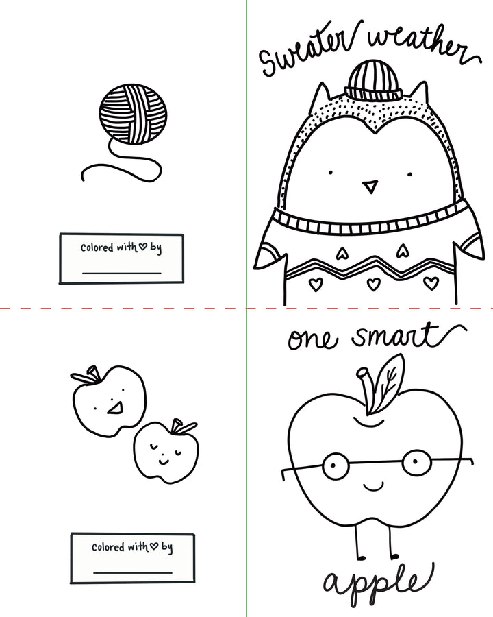 Pumpkin Patch Pals by Schiffer Publishing, Ltd. is a fall-themed coloring book page featuring four delightful sections: yarn with "colored with love by," a sweater-wearing owl labeled "Sweater weather," two apples, and a smiling apple with glasses labeled "one smart apple." Perfect for autumn-themed art and cozy paper craft coloring book projects.