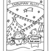 A holiday scene from the Christmas Market Crew coloring book by Schiffer Publishing, Ltd. features a penguin in earmuffs holding gifts beneath a tree, while a duck presents a “Now Serving Frozen Hot Cocoa” sign. Overhead, Christmas lights, a shooting star, and a banner reading “Snowman Alley” evoke the charming spirit of festive holiday art.