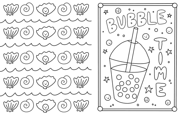 Black and white coloring page from Under the Sea Besties by Schiffer Publishing, Ltd.; left side shows smiling sea shells and waves, right side has a bubble tea drink with stars and “Bubble Time” in bold letters.
