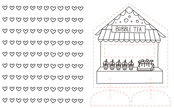 Under the Sea Besties" by Schiffer Publishing, Ltd. features black and white illustrations resembling a coloring book, with outlined hearts and dashed lines for cutting, including a bubble tea stand with six cups on the counter.