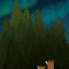 Two foxes sit on a hill at night, gazing at stars and northern lights above an enchanted forest with a purple butterfly in the sky. The card reads “51. The Universe.” From The Liminal Woods Oracle by Schiffer Publishing, Ltd.