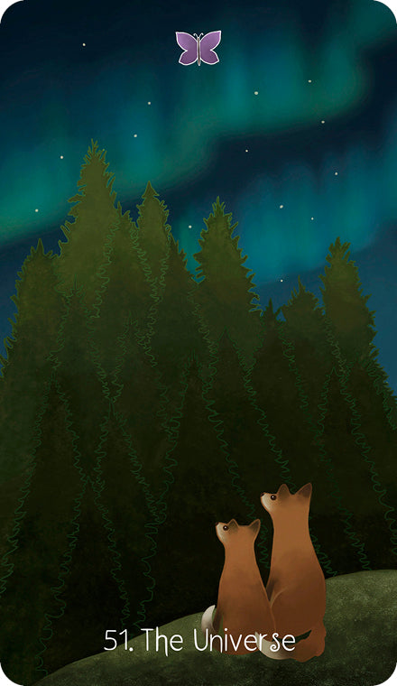 Two foxes sit on a hill at night, gazing at stars and northern lights above an enchanted forest with a purple butterfly in the sky. The card reads “51. The Universe.” From The Liminal Woods Oracle by Schiffer Publishing, Ltd.