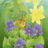 A whimsical creature with antlers peeks from lush vines among yellow and purple flowers in a vibrant forest. From "The Liminal Woods Oracle" by Schiffer Publishing, Ltd, a single water droplet glows above the joyful scene.