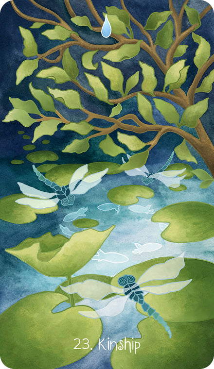 A pond with lily pads, fish, and dragonflies forms a magical forest scene on The Liminal Woods Oracle by Schiffer Publishing, Ltd. Leafy branches frame a blue droplet above. Card 23 is titled "Kinship" in this oracle deck image.