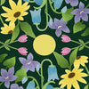 A vibrant illustration from The Liminal Woods Oracle by Schiffer Publishing, Ltd. features yellow daisies, bluebells, and lush blooms radiating around a yellow center on a dark green background, capturing the deck’s enchanted forest ambiance.