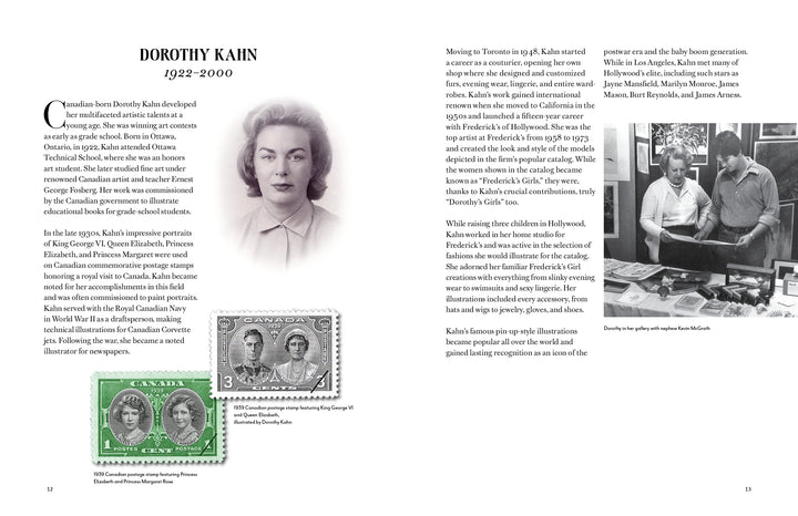 A page spread from *Dorothy's Girls* by Schiffer Publishing, Ltd. shows Dorothy Kahn’s portrait, a text about her life, two Canadian stamps she designed, and a smaller photo of her with colleagues—celebrating her artistry beyond pin-up art.
