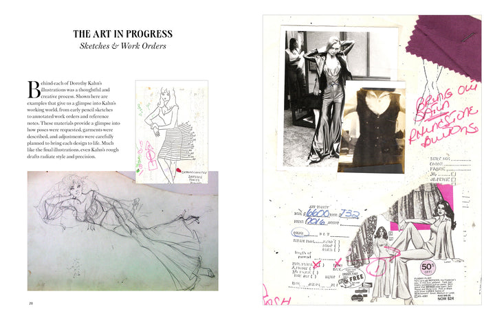 A collage of dress sketches, fabric swatches, notes, and a vintage photo evokes the creative process behind costume design in "Dorothy's Girls" from Schiffer Publishing, Ltd., inspired by Frederick’s of Hollywood pin-up illustrations.