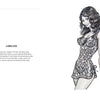 A black and white illustration of a woman with long wavy hair in leopard-print lingerie. Text on the left describes Dorothy's Girls by Schiffer Publishing, Ltd., highlighting its elegant, flattering style inspired by classic pin-up art.