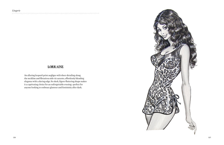 A black and white illustration of a woman with long wavy hair in leopard-print lingerie. Text on the left describes Dorothy's Girls by Schiffer Publishing, Ltd., highlighting its elegant, flattering style inspired by classic pin-up art.