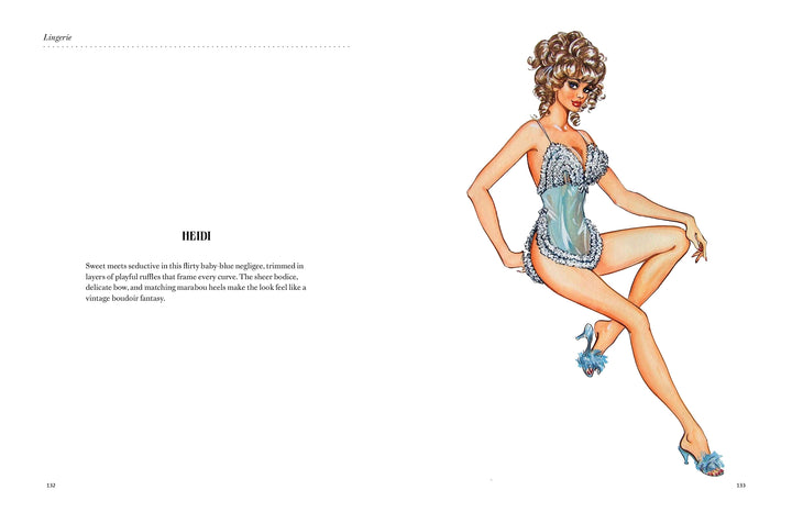 Illustration of a woman with curly hair in blue frilly corset, matching panties, feathered heels, and lace robe in a pin-up pose. Text on the left names the Schiffer Publishing, Ltd. lingerie as "Dorothy's Girls.