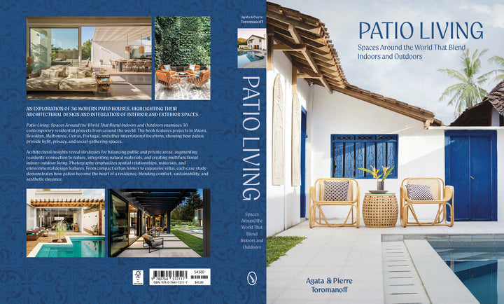Book cover for Patio Living by Schiffer Publishing, Ltd., featuring a white house with blue doors, yellow chairs on the patio, and images of stylish indoor-outdoor living and modern patio houses on the back.