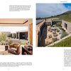 Patio Living" by Schiffer Publishing, Ltd. features modern homes with stone walls that blend into grassy hillsides, large windows, and sliding doors—embracing indoor-outdoor living with scenic views under clouded skies.