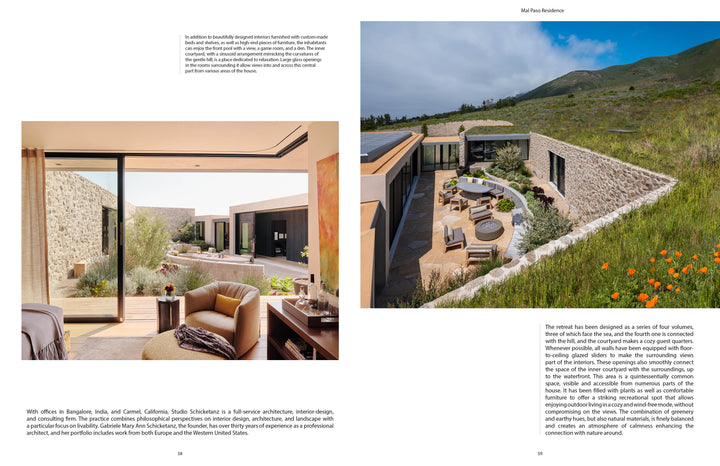 Patio Living" by Schiffer Publishing, Ltd. features modern homes with stone walls that blend into grassy hillsides, large windows, and sliding doors—embracing indoor-outdoor living with scenic views under clouded skies.