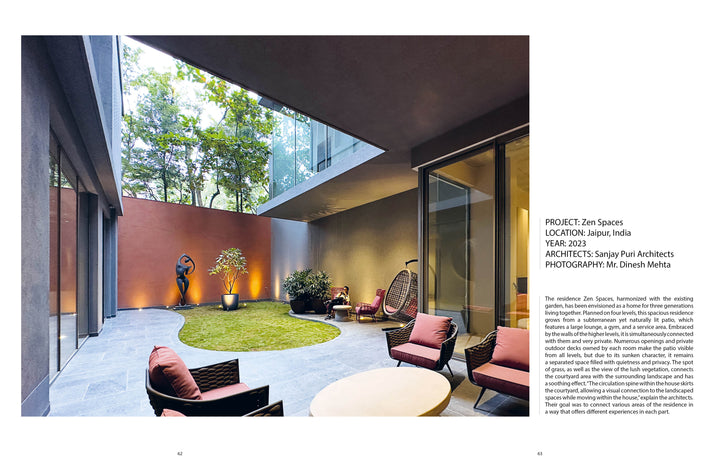 Patio Living by Schiffer Publishing, Ltd. showcases a modern courtyard with seating, hanging chairs, potted plants, sculpture, and grass lawn. Glass walls create an open indoor-outdoor vibe and a relaxing space among the trees.